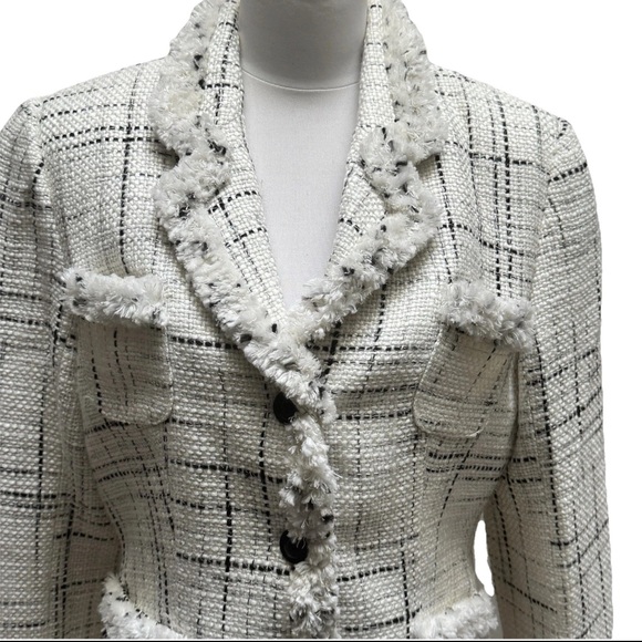 Lia Lee Soft Tweed White Black Blazer Jacket Fringe Trim - Picture 3 of 10